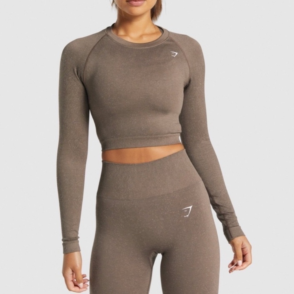 Gymshark Adapt Fleck Seamless Long Sleeve Crop Top - Mineral | Brown Large